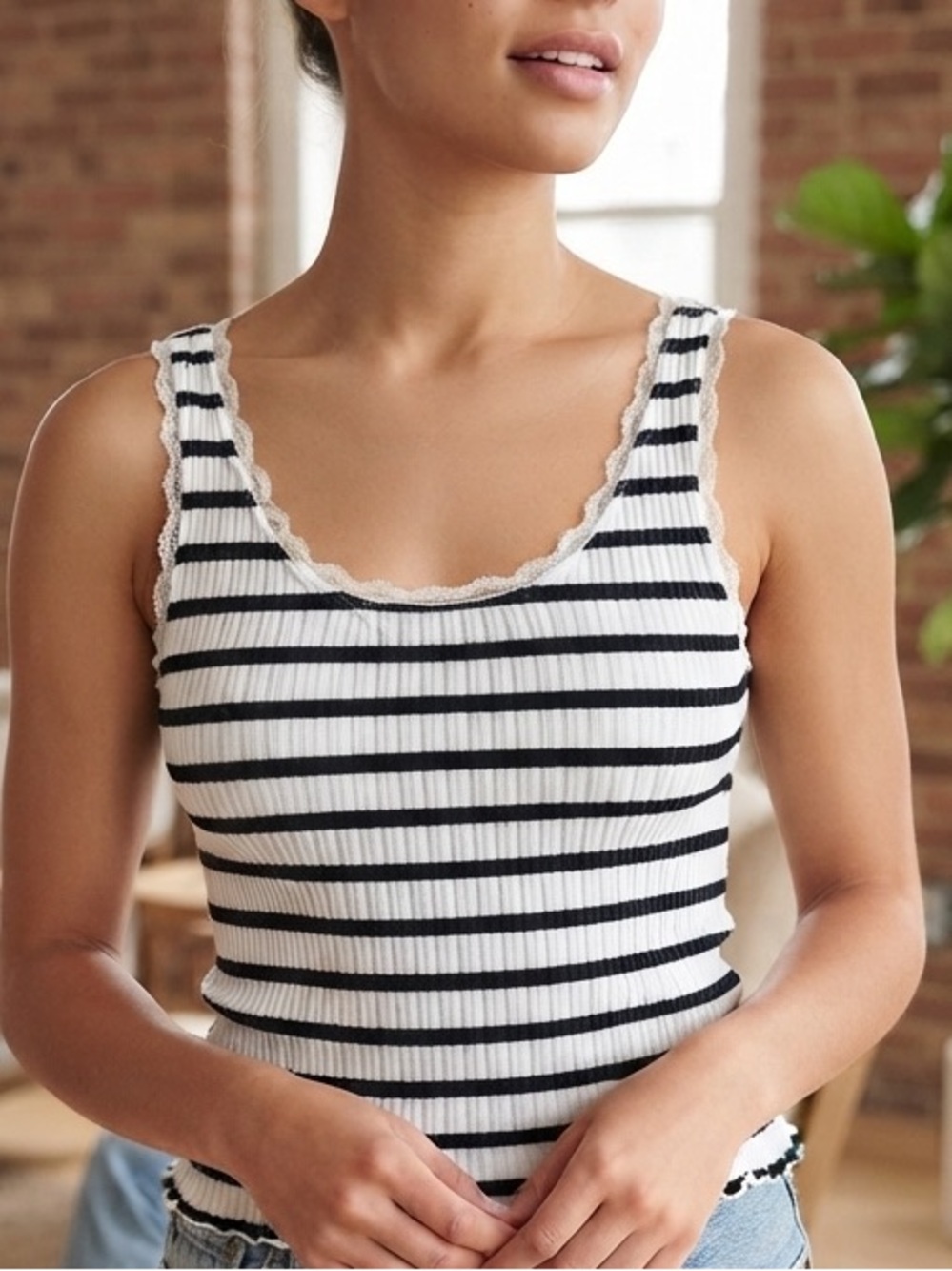 Truth Black and White Striped Ribbed Tank